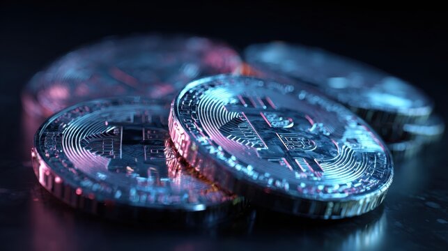 Close up metallic bitcoin coins with intricate designs illuminated by blue and pink light