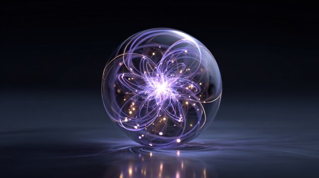 Glowing abstract sphere with swirling purple light trails and small illuminated particles