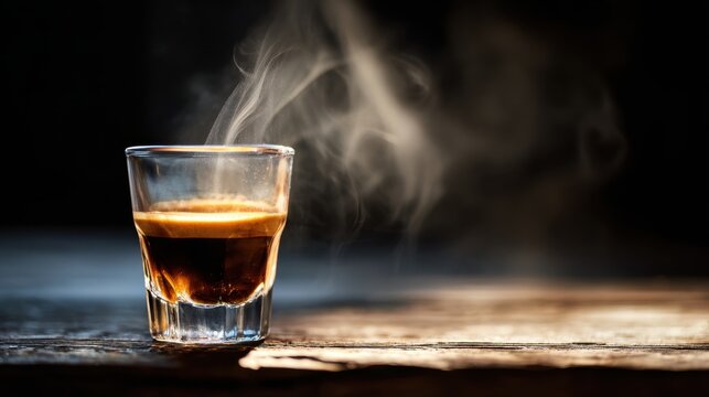 Hot espresso coffee in a clear glass with steam rising in dramatic low light