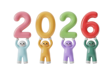 Happy 3d characters holding up colorful numbers forming 2026 new year.
