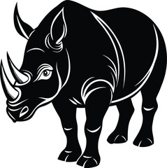 Fototapeta premium Bold black silhouette illustration of a powerful rhinoceros with two prominent horns on a white background