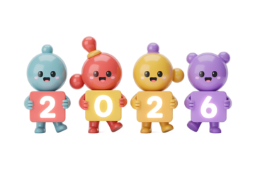 Cute 3d characters holding year 2026 numbers, new year concept