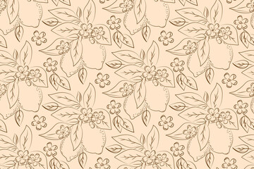 Seamless vector illustration of lemons with leaves and flowers in a continuous contour pattern. Elegant botanical design ideal for textiles, wallpapers, and backgrounds.