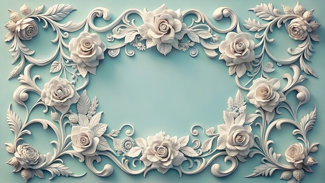 An ornate floral frame with white roses and decorative scrolls on a pastel blue background, perfect for wedding invitations and elegant designs