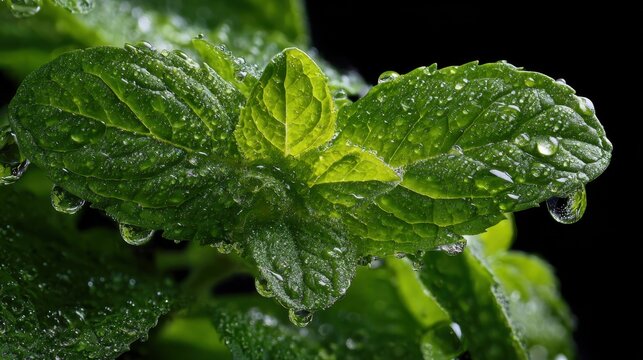 Macro shot of fresh green mint leaves glistening with water droplets on a dark background