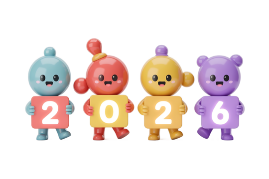 Cute 3d characters holding year 2026 numbers, new year concept
