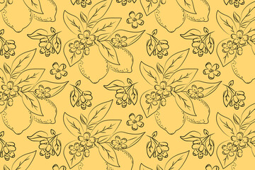 Lemon and blossom pattern vector illustration. Detailed black line drawing of lemons and flowers on a vibrant yellow background. Seamlessly repeating design suitable for various uses.