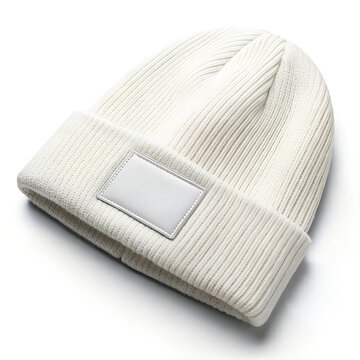 A white ribbed knit beanie hat with a blank patch on the folded cuff, a perfect mockup for custom winter headwear and apparel branding.
