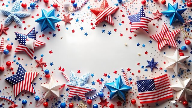 A festive patriotic background with red, white, and blue stars, confetti, and american flags creates a celebratory frame for independence day
