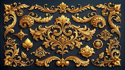 A collection of ornate gold floral ornaments with intricate details and a vintage, baroque style