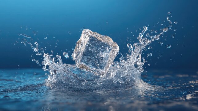 Ice cube splashing into blue water with dynamic droplets captured mid air