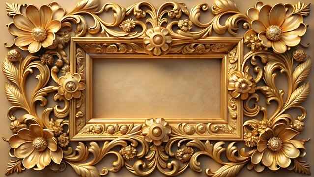 An ornate gold frame with floral carvings creates a luxurious and vintage aesthetic, perfect for displaying art