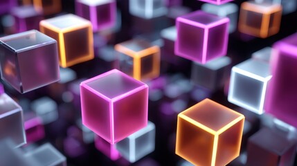 Abstract glowing cubes in pink orange and white arranged in a dark blurred background