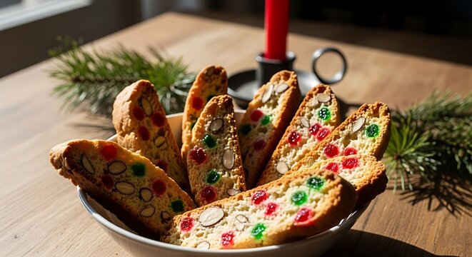 Festive bowl of colorful fruit biscotti cookies arranged with pine branches and a red candle for a holiday celebration