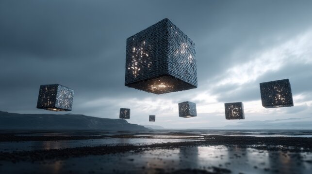 Several illuminated metallic cubes float eerily above a barren wet landscape under a cloudy sky - Powered by Adobe