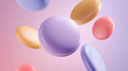 Abstract floating pastel spheres and ovals with subtle lighting and soft gradient background