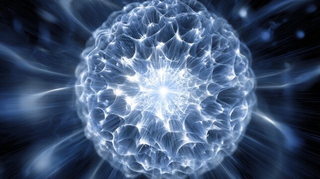 Glowing atomic nucleus emitting bright energy and light particles in a dark cosmic background - Powered by Adobe
