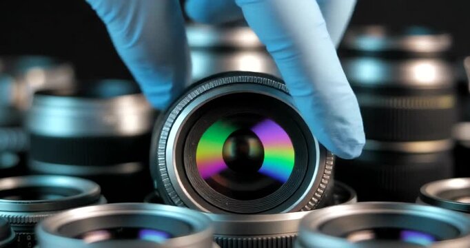 Optical Excellence Close Up Revealing Colorful Reflections On Glass Lens Surface and Blue Glove Inspecting Camera Optics Precision and Photography Focus 190c