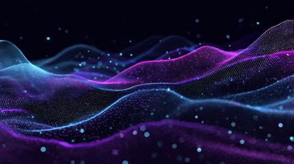 Obraz premium Abstract Wavy Landscape with Purple and Blue Gradient Mesh and Glowing Particles on Dark Background for Technology Innovation and Data Visualization