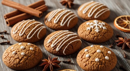 Deliciously decorated gingerbread cookies with white icing and festive spices arranged on a rustic wooden surface