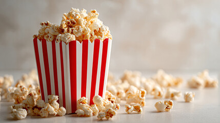 Enjoy delicious popcorn spilling from classic red striped container at movie night