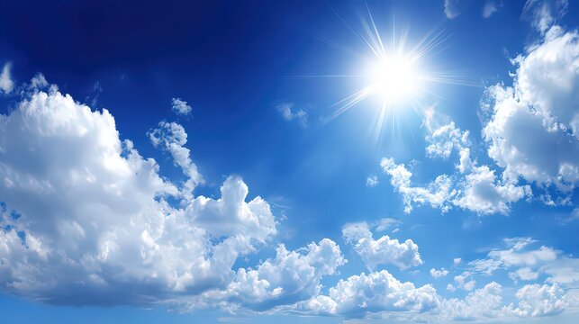 Bright Sunlight Shining Through White Cumulus Clouds in a Blue Sky