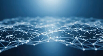 Abstract background of a glowing blue digital network structure with interconnected nodes and lines, representing data flow, technology, and connectivity in a futuristic concept