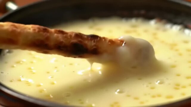 Dipping breadstick in melted cheese.