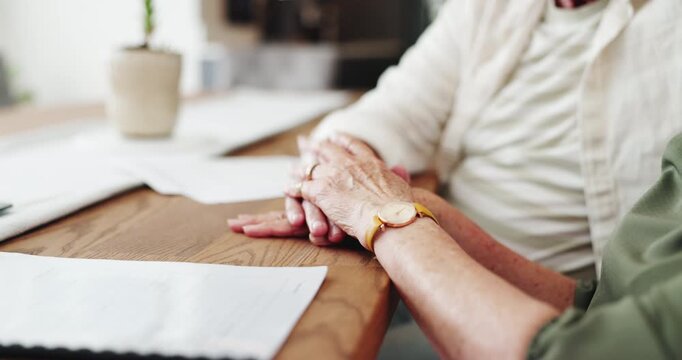 Home, hands and old couple with documents, financial insurance and support with audit. Apartment, closeup and man with woman, paperwork and stress with budget, debt or comfort with will or retirement