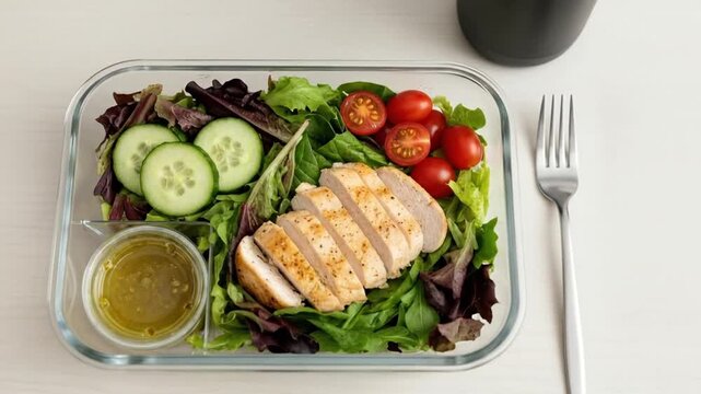 Healthy meal composition with chicken salad and fresh vegetables