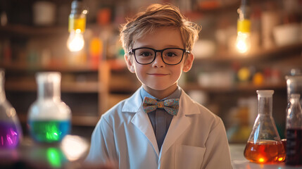 Young scientist with glasses smiling in lab ready for experiments and discovery