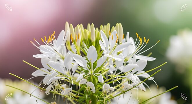 Close up of a beautiful white cleome flower cluster blooming in a garden with soft, blurred pink and green background bokeh