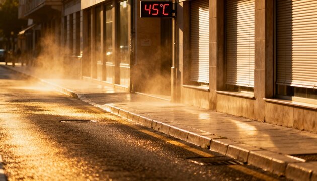 extreme heatwave in city street with 45&deg;C temperature showing air distortion on pavement
