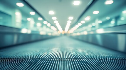 Blurred Perspective View Of An Illuminated Moving Walkway With Teal And White Color Palette