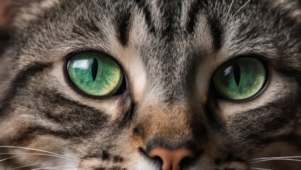 Close up of a tabby cats intense green eyes and striped fur.