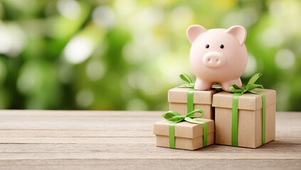 Piggy bank on brown gifts and pink tulips, celebrating savings, investing, and financial growth for special occasions