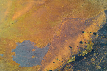 Aerial photograph of stark environmental damage. Dramatic contrast between black, scorched earth and vibrant orange, dry vegetation, conceptually representing fire aftermath and global warming.