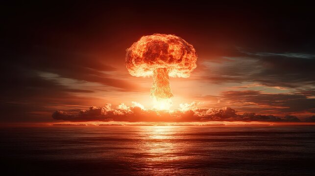 Dramatic Nuclear Explosion Over Ocean at Sunset Orange Hues and Turbulent Skies Reflecting Light