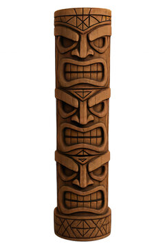 Detailed 3D Render of a Traditional Wooden Tiki Totem Pole Featuring Stacked Carved Faces, Ideal for Cultural Art Projects and Hawaiian Themed Designs, High Resolution Image, Brown Color Palette