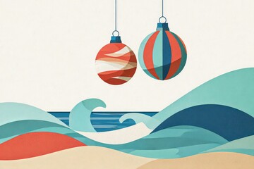 Festive Ornament Decorations Above Stylized Ocean Waves with Sandy Beach Background