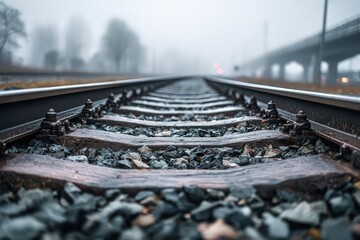 Foggy Railway Tracks with Gravel Bed and Moody Atmosphere Overcast Sky Tree and Distant Bridge Steel Gray Tones Low Angle Point of View