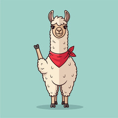 Naklejka premium Cute cartoon llama wearing a red bandana waving hello.