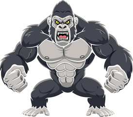 Angry cartoon gorilla mascot standing with clenched fists, muscular body and aggressive expression, isolated vector illustration for sports team logo design