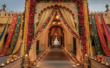 Fototapeta premium Descriptive Stock Title (Backdrop Included): Dussehra Festive Royal Palace Arch Backdrop with Roses, Marigolds, Silk Drapes & Golden Diyas