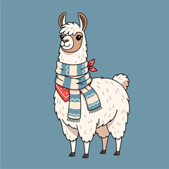 Naklejka premium Cute cartoon llama wearing a striped scarf and red bandana.
