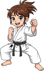Cartoon girl karate fighter with brown ponytail, wearing white uniform and black belt, standing in martial arts pose, isolated vector illustration