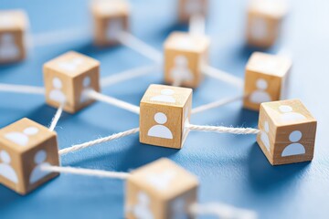 Network Connection Concept Wooden Cubes With White Person Icons Linked on Blue Background