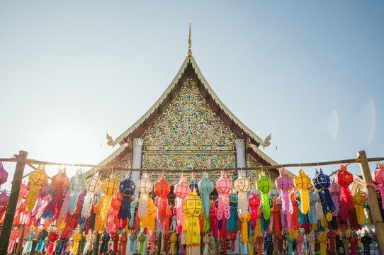 Colorful paper lanterns and golden temple, Chiang Mai, Thailand