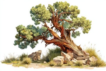 Illustration of a weathered tree with lush green foliage and rough bark beside several stones against white background