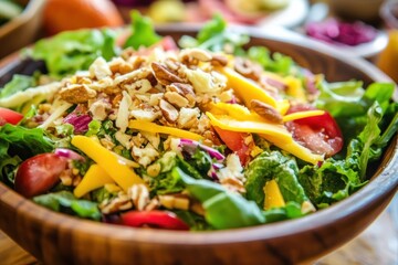 A vibrant salad bowl filled with fresh greens, crunchy nuts, and juicy fruits, set against a backdrop of a rustic wooden table and a serene garden setting.
